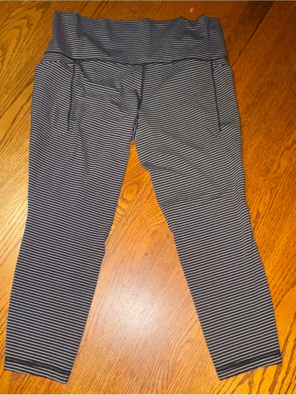 Athleta Black and White Striped Fold-Over Waist Capri Leggings